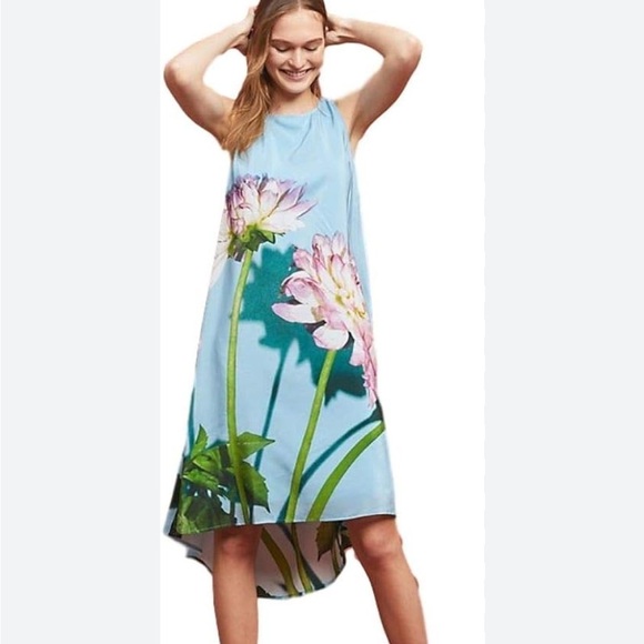 Anthropologie Photorealistic Silk Dress Duchess de Nemours peonies blue Sz 6 - Picture 1 of 16